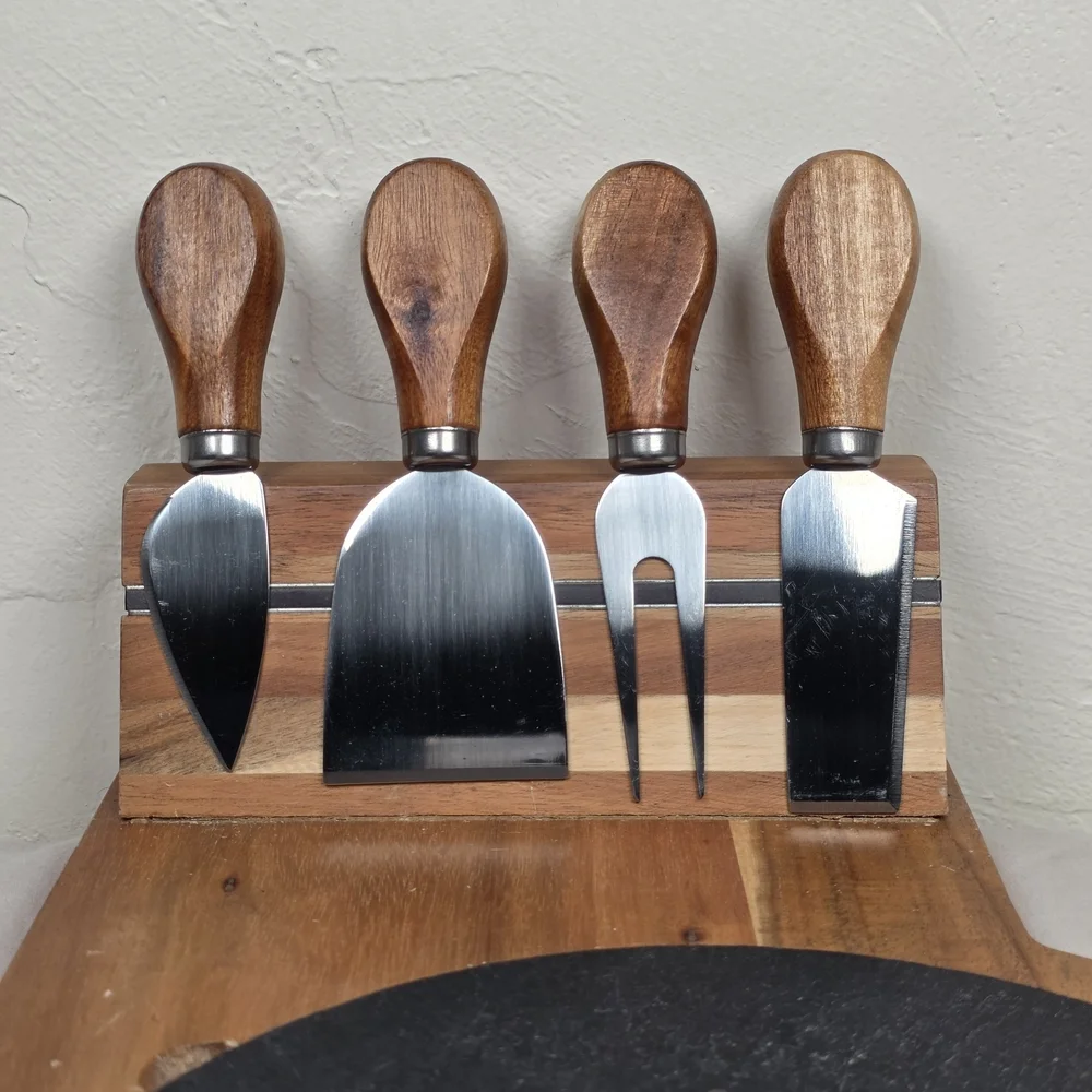Cheese Board Set w/ Slate Tray & 4 Tools Wood Charcuterie Serving